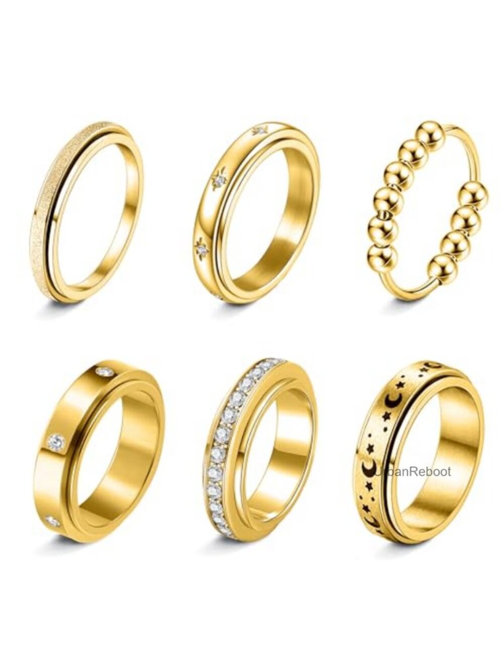 Gold Plated Stainless Steel Anxiety Spinner Ring Set Cubic Zirconia Bands